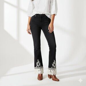 Elegant Dark Blue Jeans Denim Flare with Intricate White Lace Trim Hem